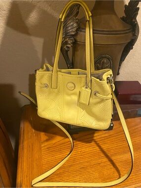 Coach Yellow Perforated Leather Shoulder Tote with Crossbody Strap
